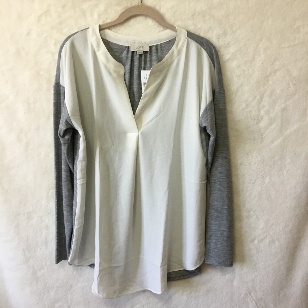 LOFT White Colorblock V-Neck Mixed Media Top - Picture 3 of 8